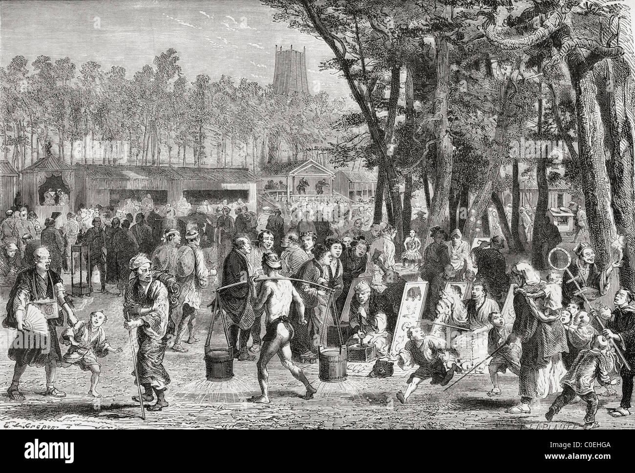 Japanische Messe in Yedo, jetzt bekannt als Tokio, Japan, im 19. Jahrhundert. Stockfoto