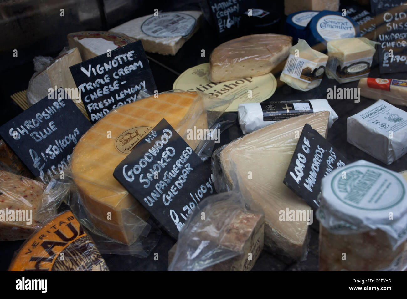 Schöne Käse ist in einem Schaufenster in Brighton, East Sussex abgebildet. Stockfoto