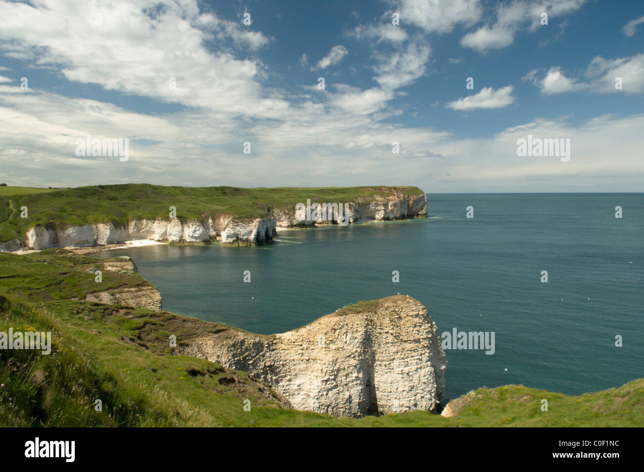 Felsen und Meer direkt unter dem Leuchtturm Flamborough Head, Yorkshire, Großbritannien. Juni. Ansicht Nord-osten. Stockfoto