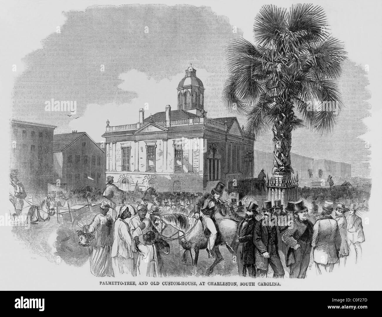 Gruppen von Menschen versammelten sich in der Nähe ein Palmetto-Baum und Custom-Altbau, in Charleston, South Carolina, 1860 Stockfoto
