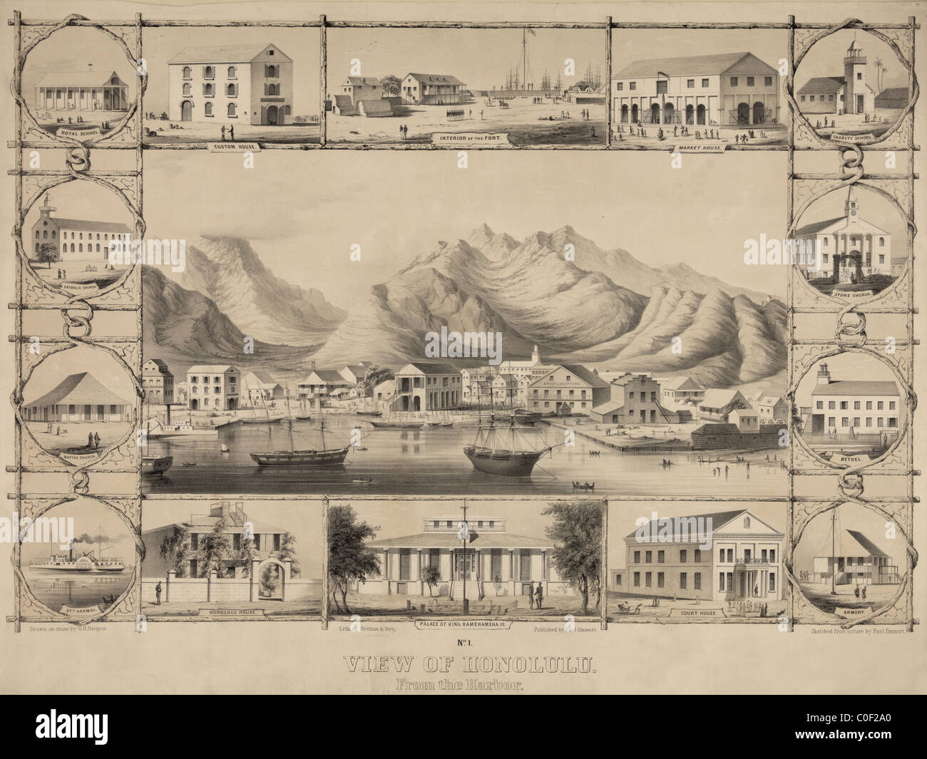 1854-Ansicht von Honolulu aus dem Hafen Kunstwerk Hawaii Stockfoto