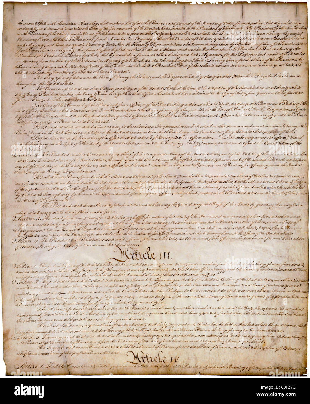 Artikel III-IV der US-Verfassung - original handschriftliche Kopie auf Pergament das oberste Gesetz der Vereinigten Staaten 1787 Stockfoto