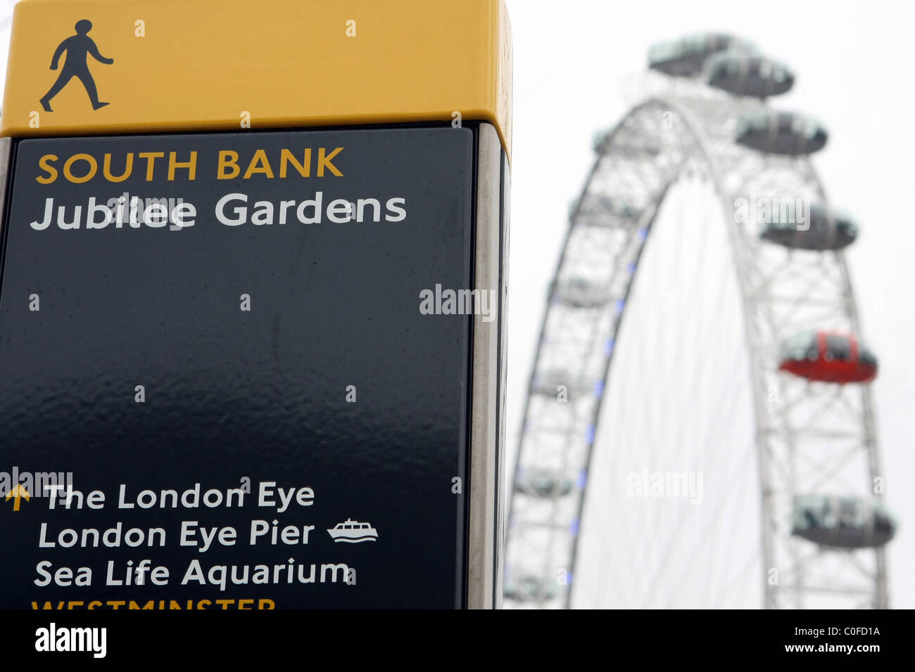 Orte von Interesse Zeichen am Ufer der Themse mit dem London Eye im Hintergrund Stockfoto