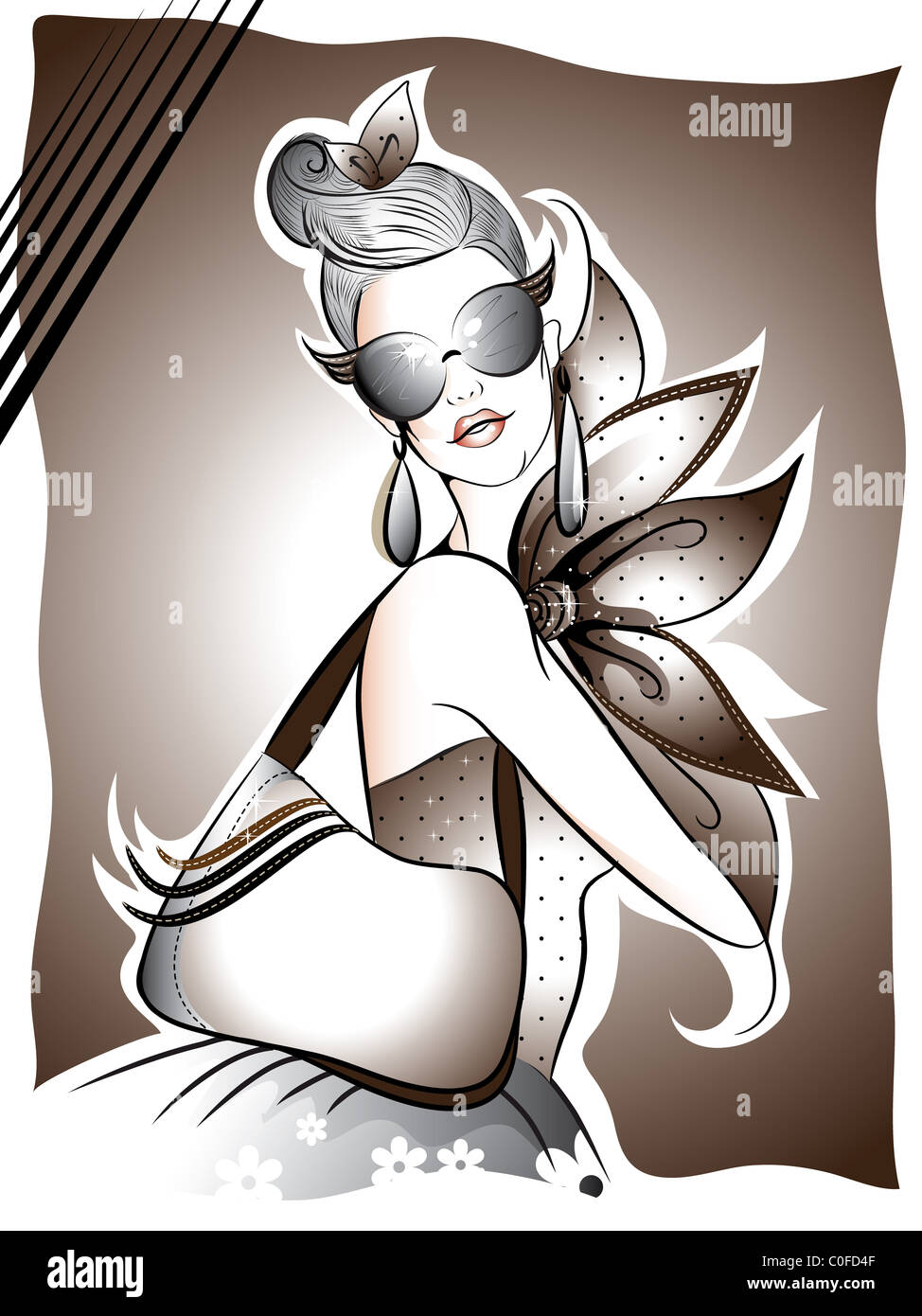 Linie Art Illustration. Frau mit ihrem modischen Accessoires Stockfoto