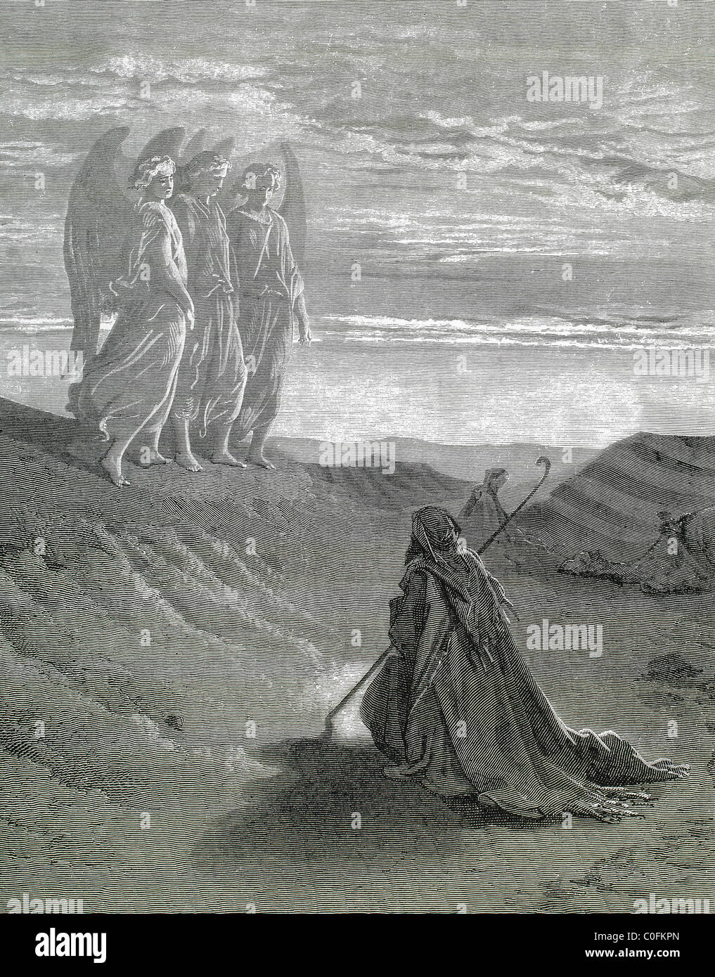 Alten Testament. Abraham wird von Engeln besucht. Genesis. Gustave Dore Gravur. Stockfoto