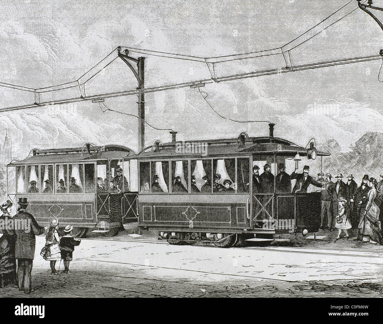 Elektrische Straßenbahn. 19. Jahrhundert-Gravur. Stockfoto