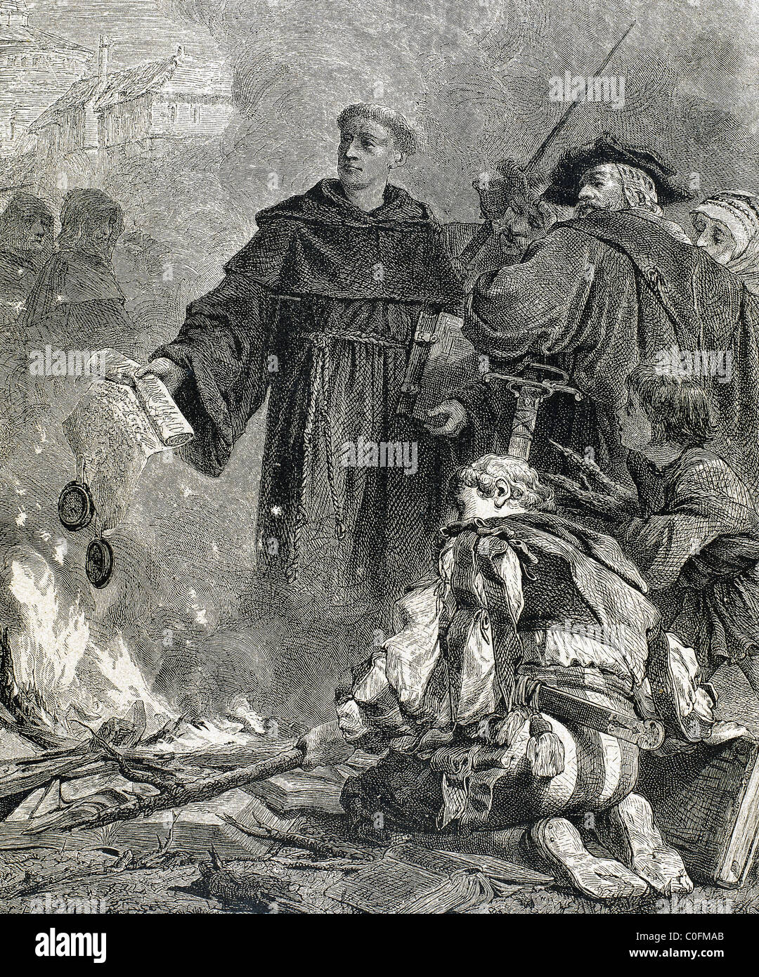 Martin Luther (1483-1546) brennen die päpstliche Bulle "Exsurge Domine" (1520) von Papst Leo X. Stockfoto