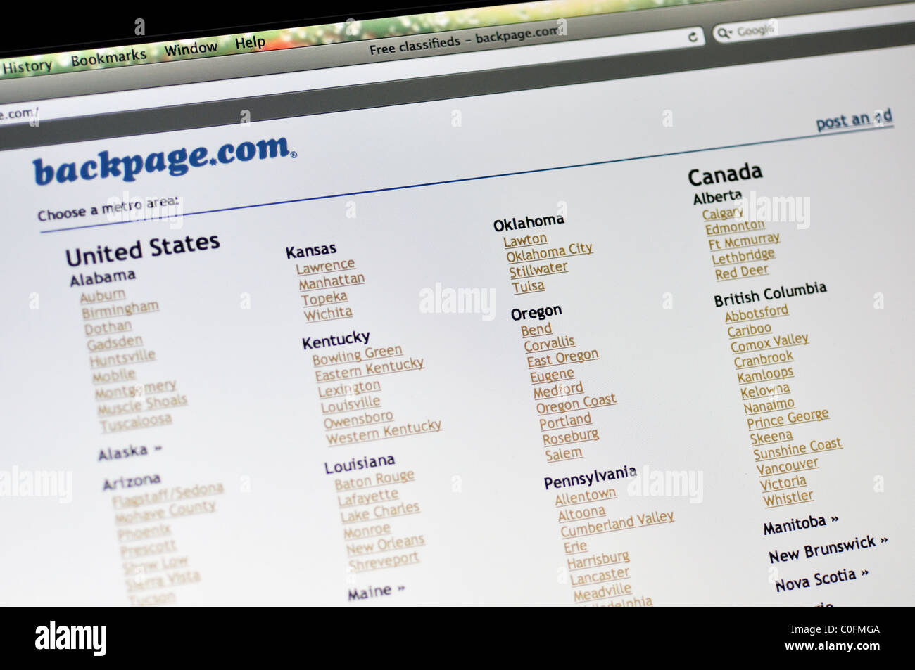 BackPage.com, eine kostenlose Kleinanzeigen website Stockfoto