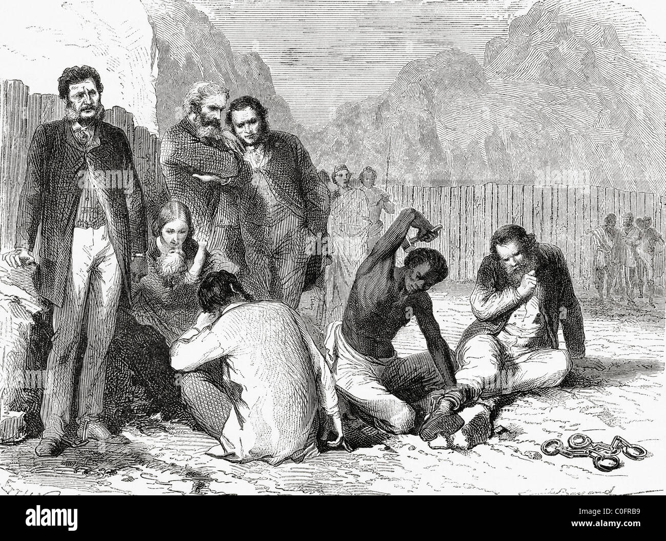 Rassam und Mitglieder seiner Mission nach von Tewodros II in Abessinien gefangen genommen wird, im Jahre 1868 in Ketten gelegt wird. Stockfoto