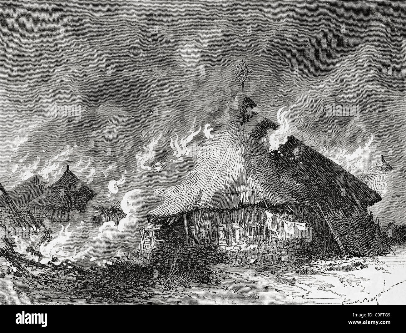 Magdala Festung, Abessinien, Brennen nach wird angezündet von der britischen Armee nach der Schlacht am Mount Fahla. Stockfoto