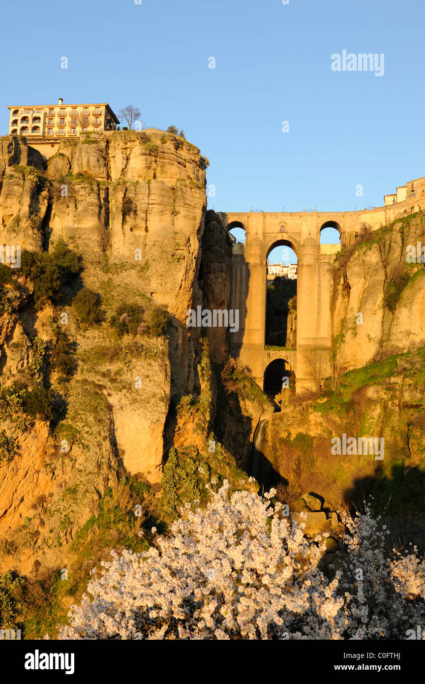 Ronda Tajo sonnenüberfluteten Bild Puente Nuevo Canyon Schlucht im Landesinneren "Costa Del Sol" Reisen Andalusien Spanien Stockfoto