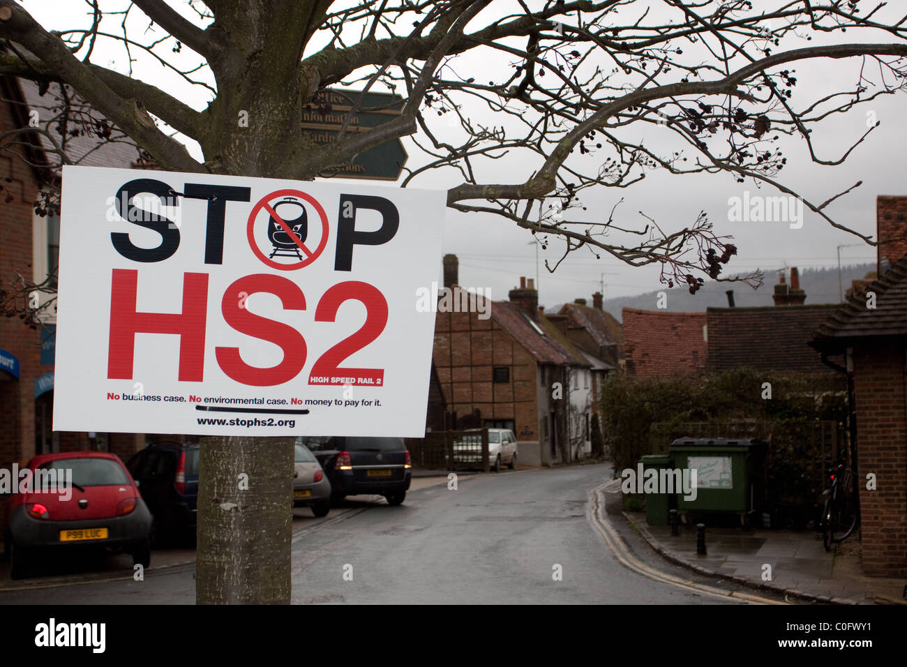 HS2 Protest Stoppschild in Wendover, Buckinghamshire Stockfoto