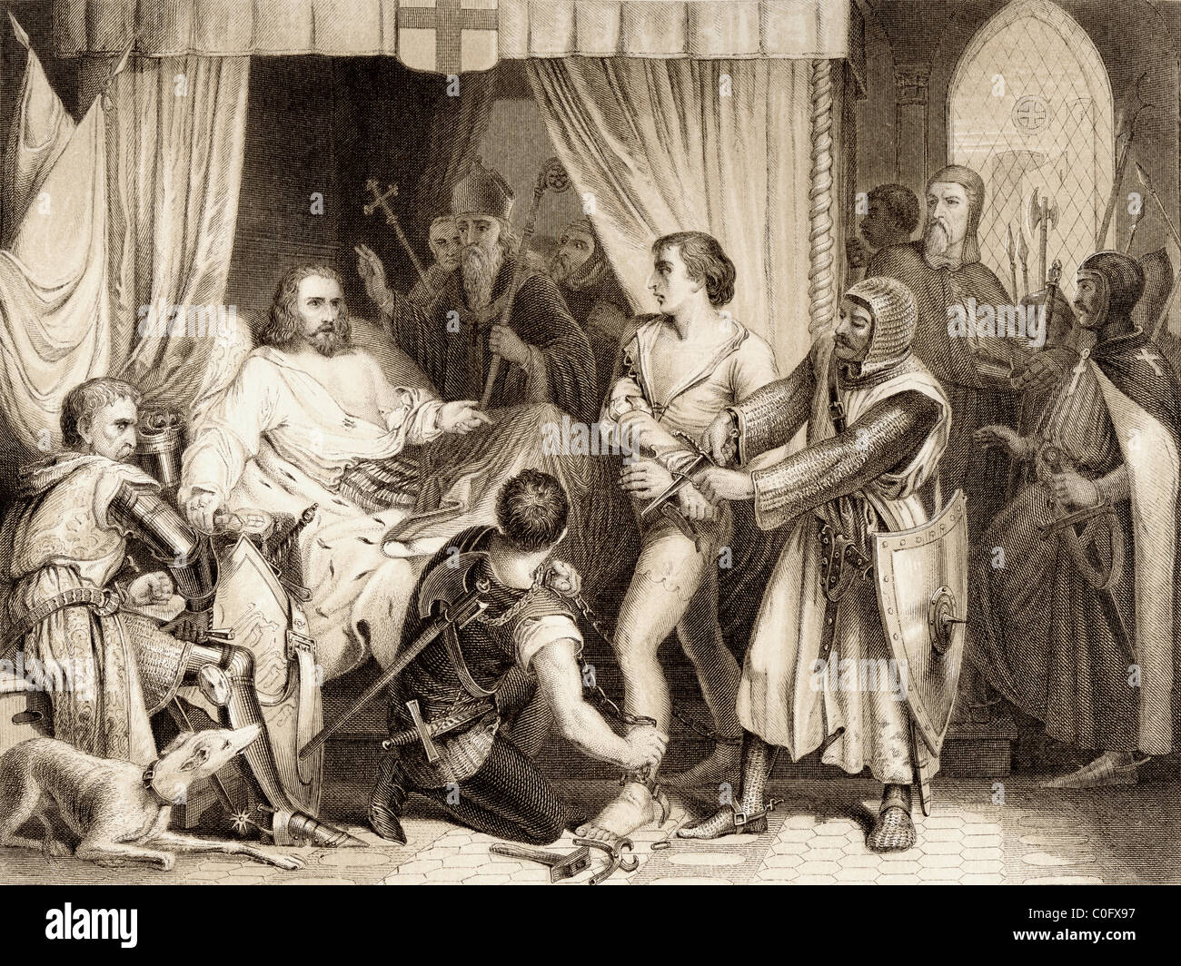 Richard Löwenherz Bertrand de Gurdun, die versucht hatte, ihn zu töten, durch erschießen ihn mit einer Armbrust 1199 zu vergeben. Stockfoto