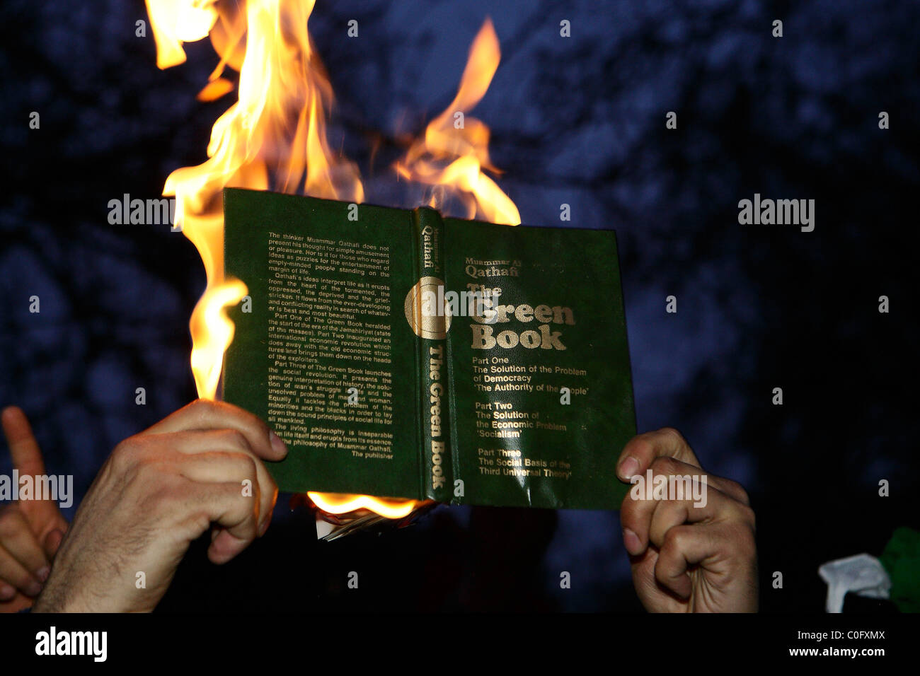 Das grüne Buch verbrennt während des libyschen Protest in London Stockfoto