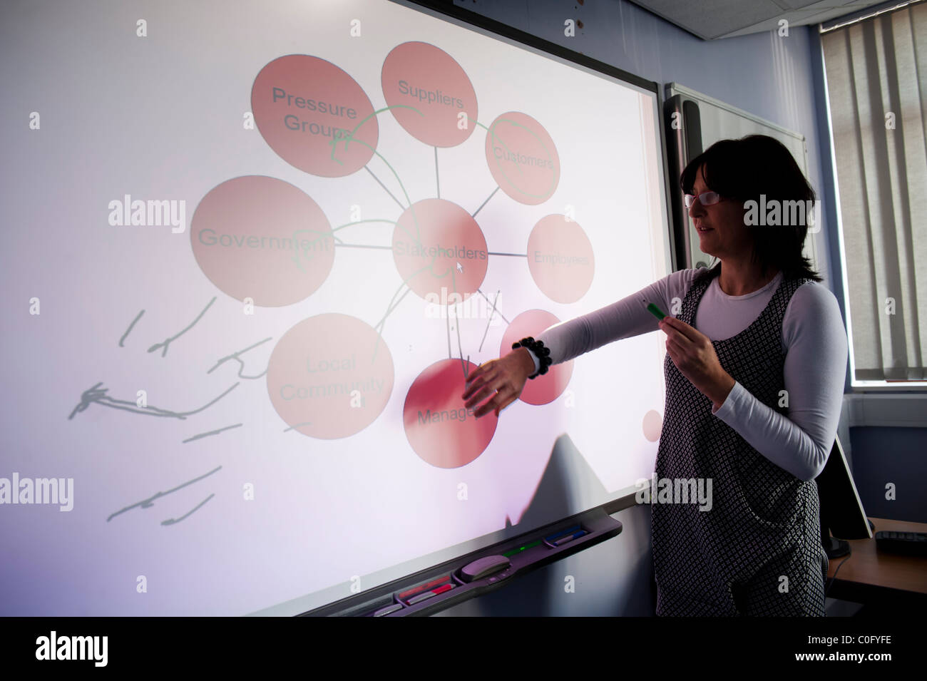 Eine Frau dabei eine Powerpointpräsentation auf einem interaktiven Touch Screen Whiteboard, UK Stockfoto