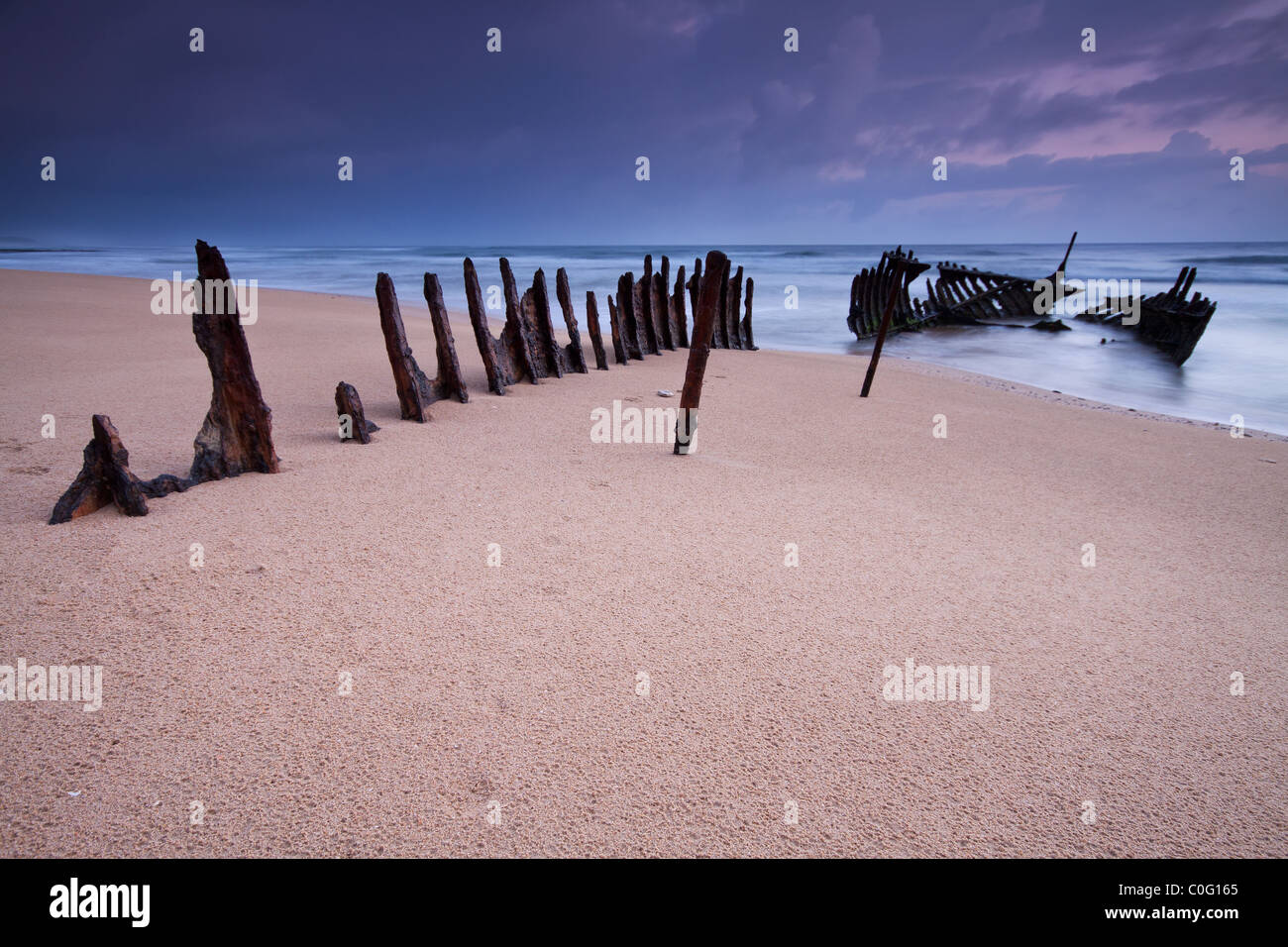 Wrack am australischen Strand bei Sonnenaufgang Stockfoto