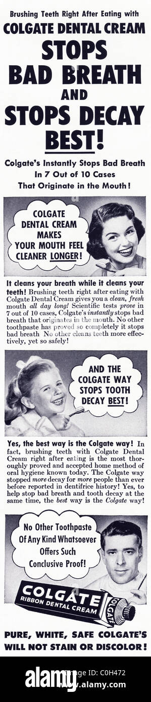 Anzeige in 1950er Jahren amerikanische Zeitschrift für COLGATE Zahnpasta Stockfoto
