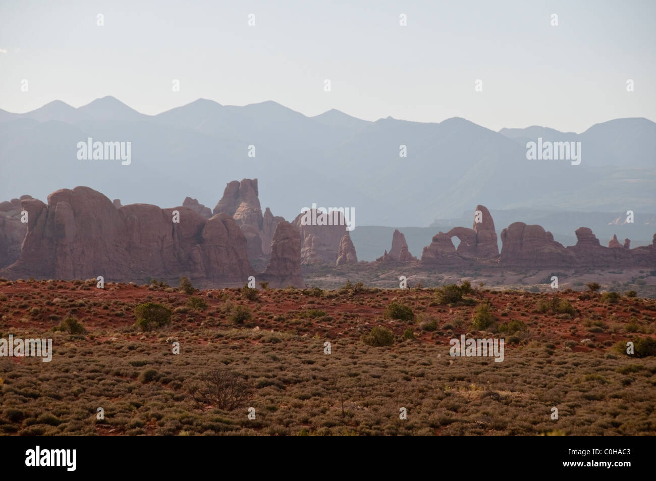 Norden, Süden Fenster Bögen, erstellt von unaufhörlichen, erosive Kräfte von Wind, Sand, Regen, Wetter, Arches-Nationalpark, Utah, USA Stockfoto