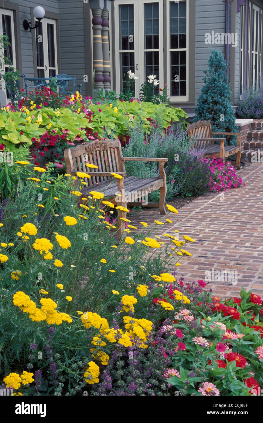 PATIOGARTEN IN MINNESOTA IM JULI. ZINNIEN, SCHAFGARBE, SWEET POTATO