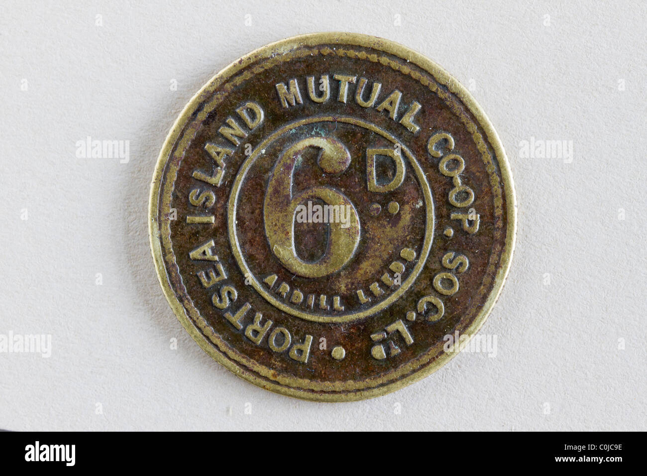 Co-op-Token, 6D, Portsea Island Koop-Society Stockfoto