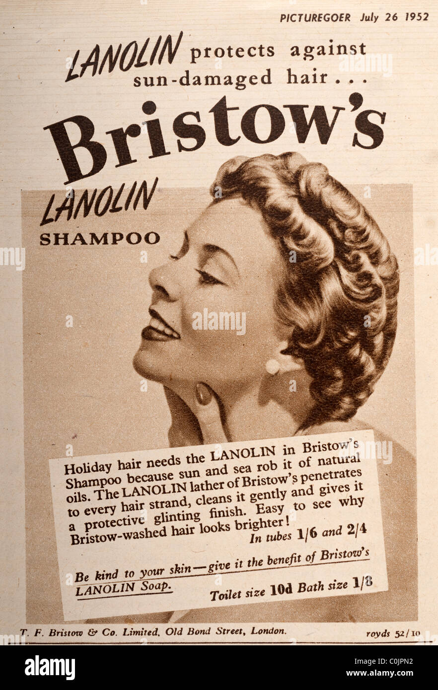 Werbung aus einem 1952 Magazin Picturegoer für Bristows Lanolin Shampoo. EDITORIAL NUR Stockfoto
