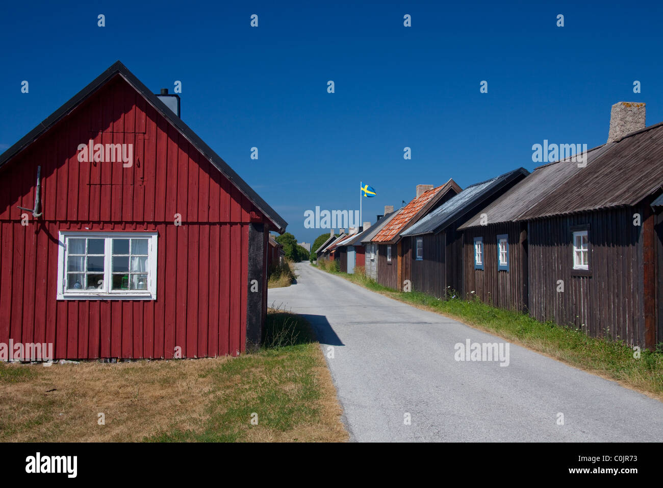 Hütten am Gnisvaerd / Gnisvärd, ein Fischerdorf in Gotland, Schweden Stockfoto