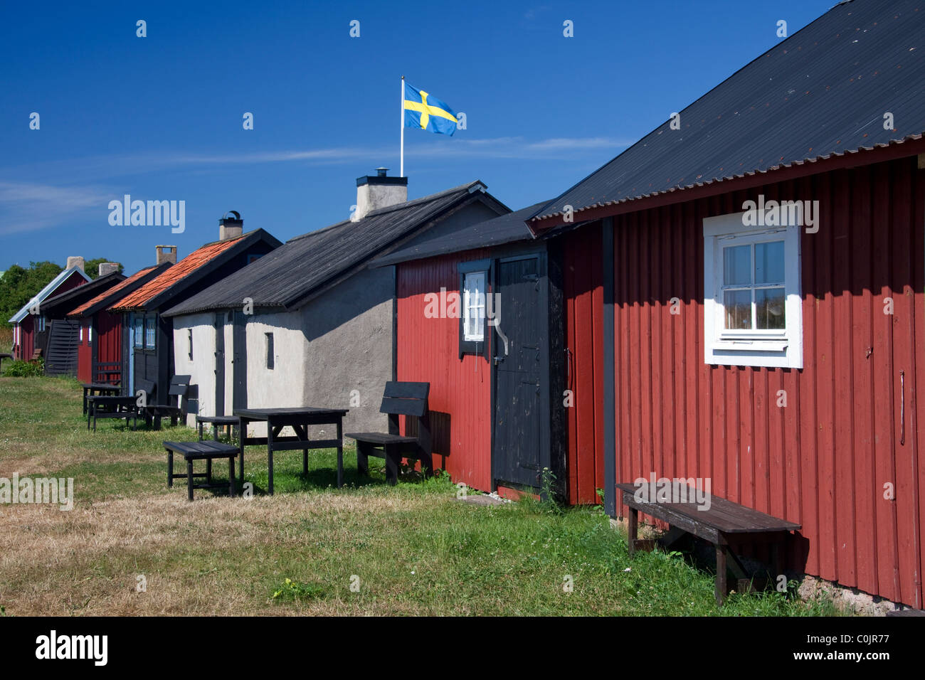 Hütten am Gnisvaerd / Gnisvärd, ein Fischerdorf in Gotland, Schweden Stockfoto
