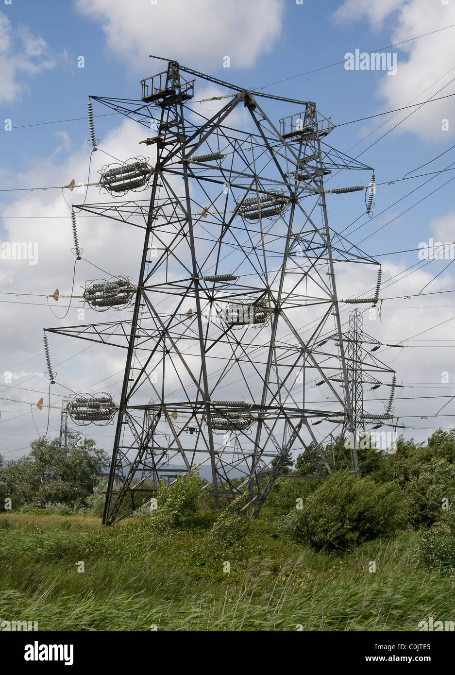 Strommasten an Uskmouth Kraftwerk, Gwent, SE Wales Stockfoto