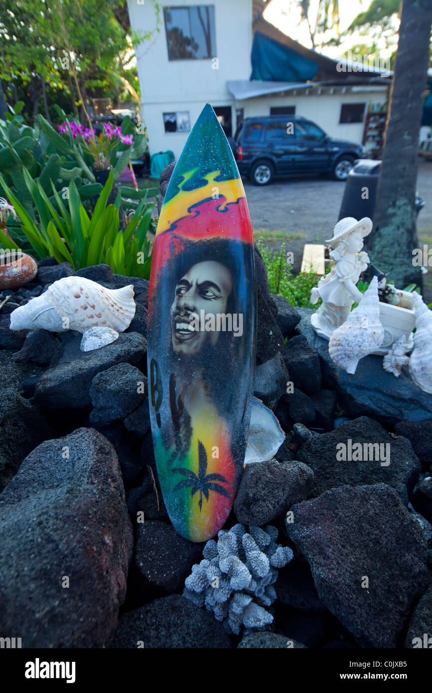 Bob Marley auf Surfbrett, Keei Strand, Kealakekua, Insel Hawaii, Hawaii Stockfoto