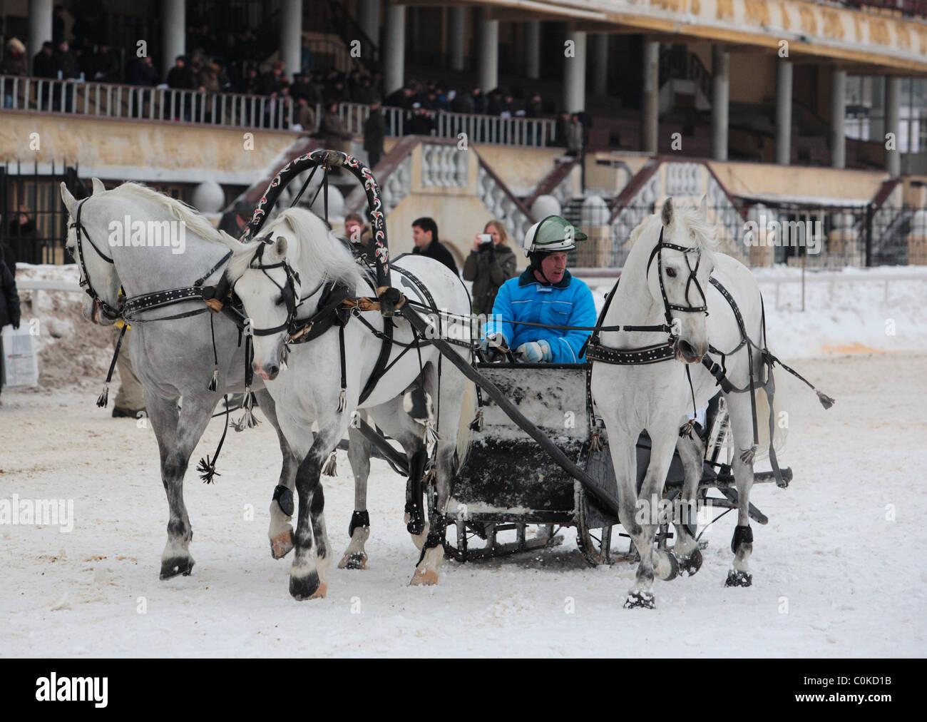 Troika-russische traditionelle Pferd-Team fahren in Moskau Stockfoto