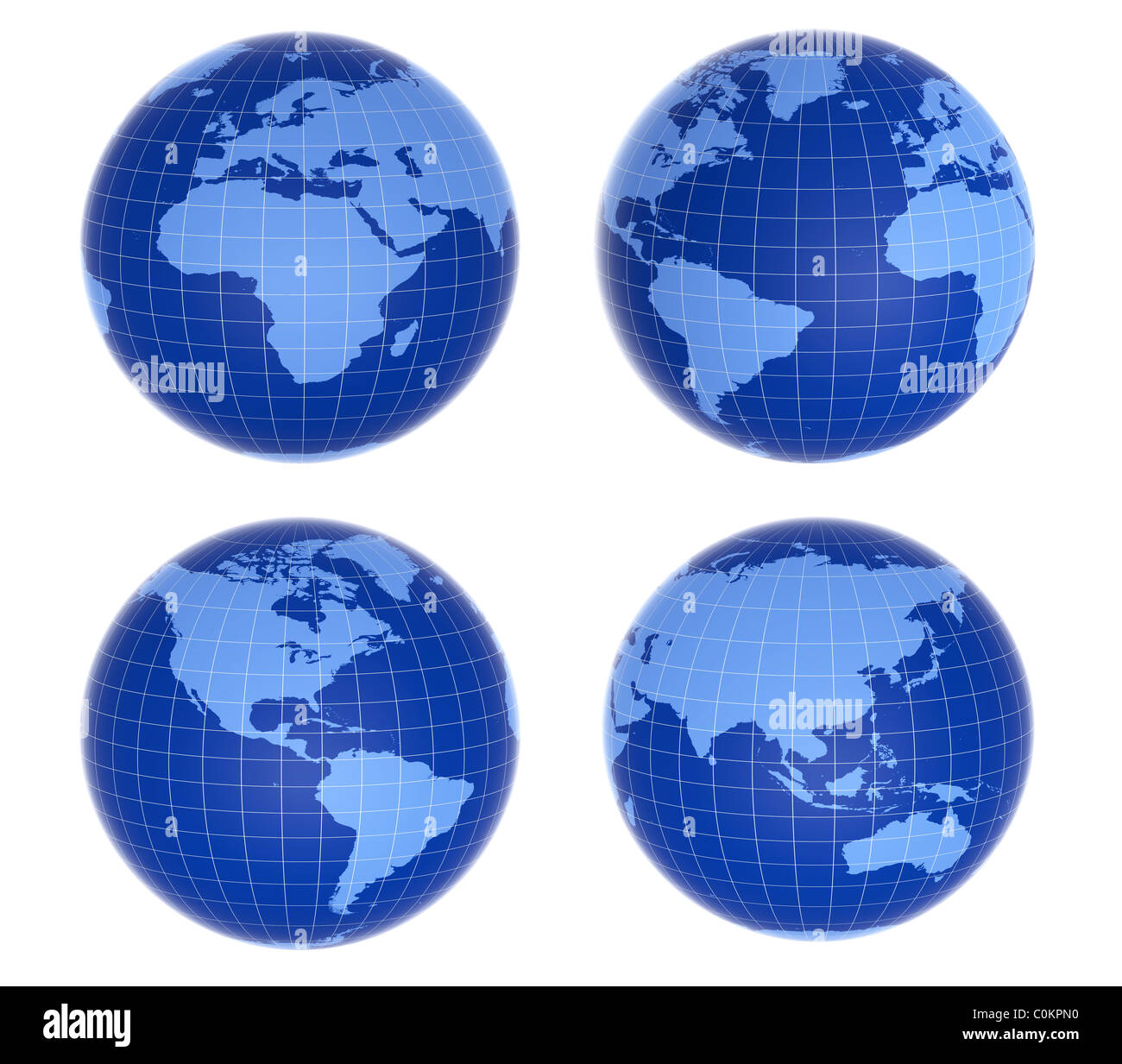 Vier blaue Kugeln mit verschiedenen Ländern isoliert auf weißem Hintergrund Stockfoto