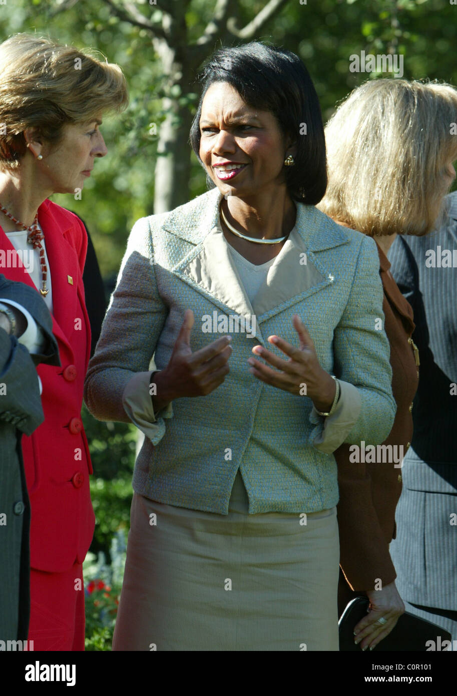 Condaleeza-Außenministerin Rice bei einer gemeinsamen Presse-Ocnference zwischen dem Präsidenten der Vereinigten Staaten von Amerika und seine Stockfoto