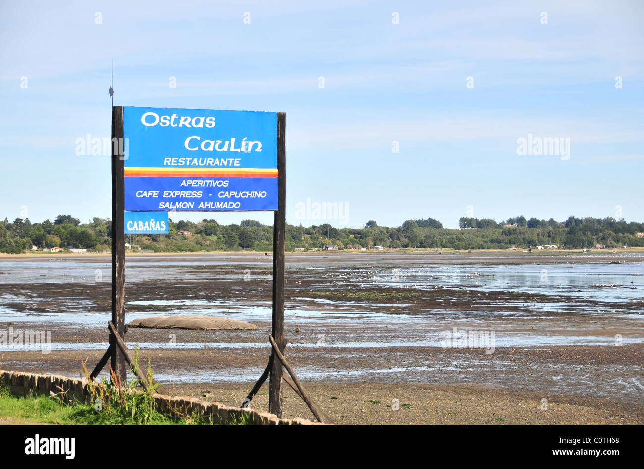 Bird Sanctuary Strandblick, mit hölzernen Schild Werbung Ostras Caulin Restaurant, Caulin, Chiloé Insel, Chile Stockfoto