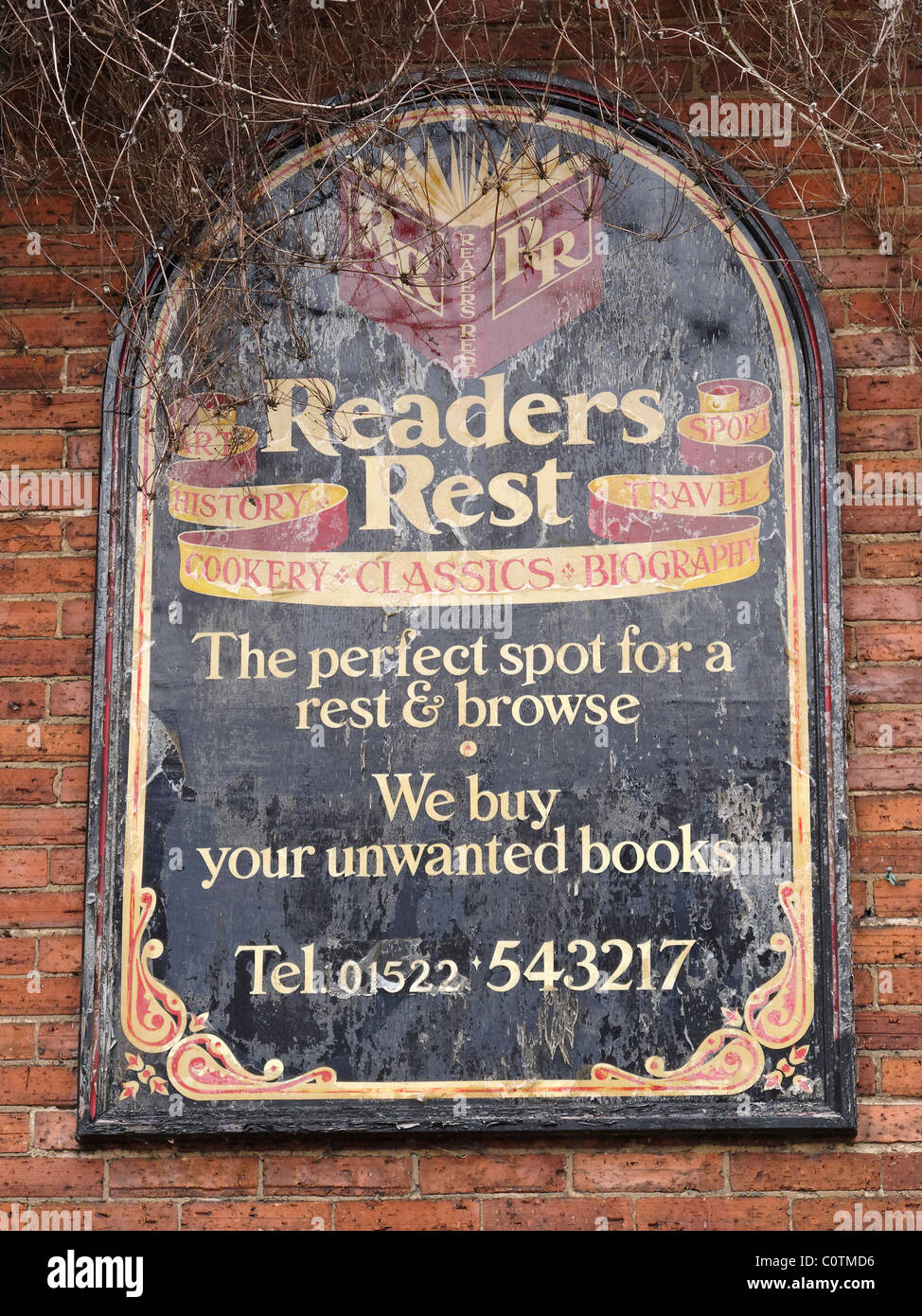 Melden Sie sich außerhalb der "Leser-Rest" Antiquariat. Lincoln, England. Stockfoto