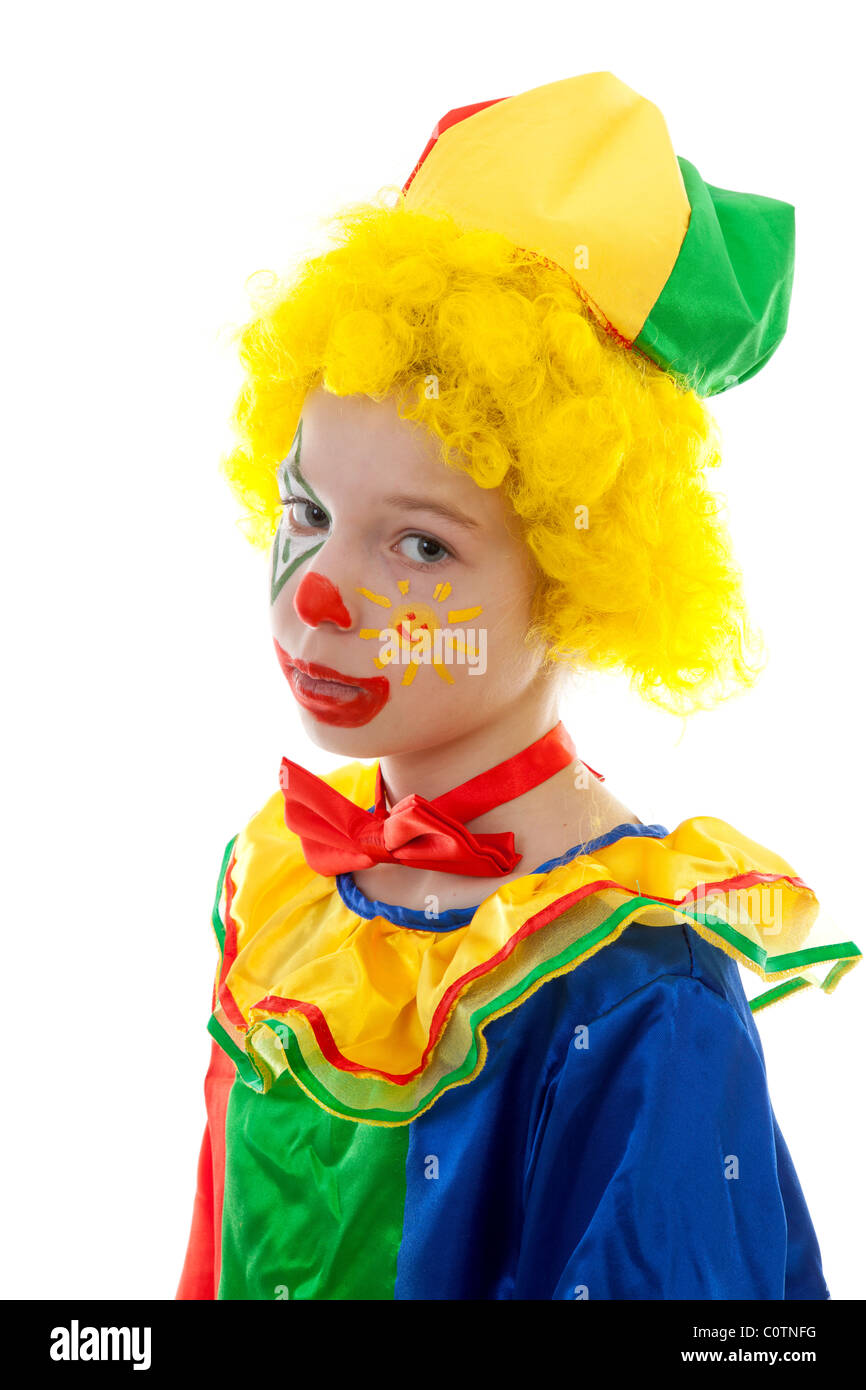 kleine traurige Clown auf weißem Hintergrund Stockfoto