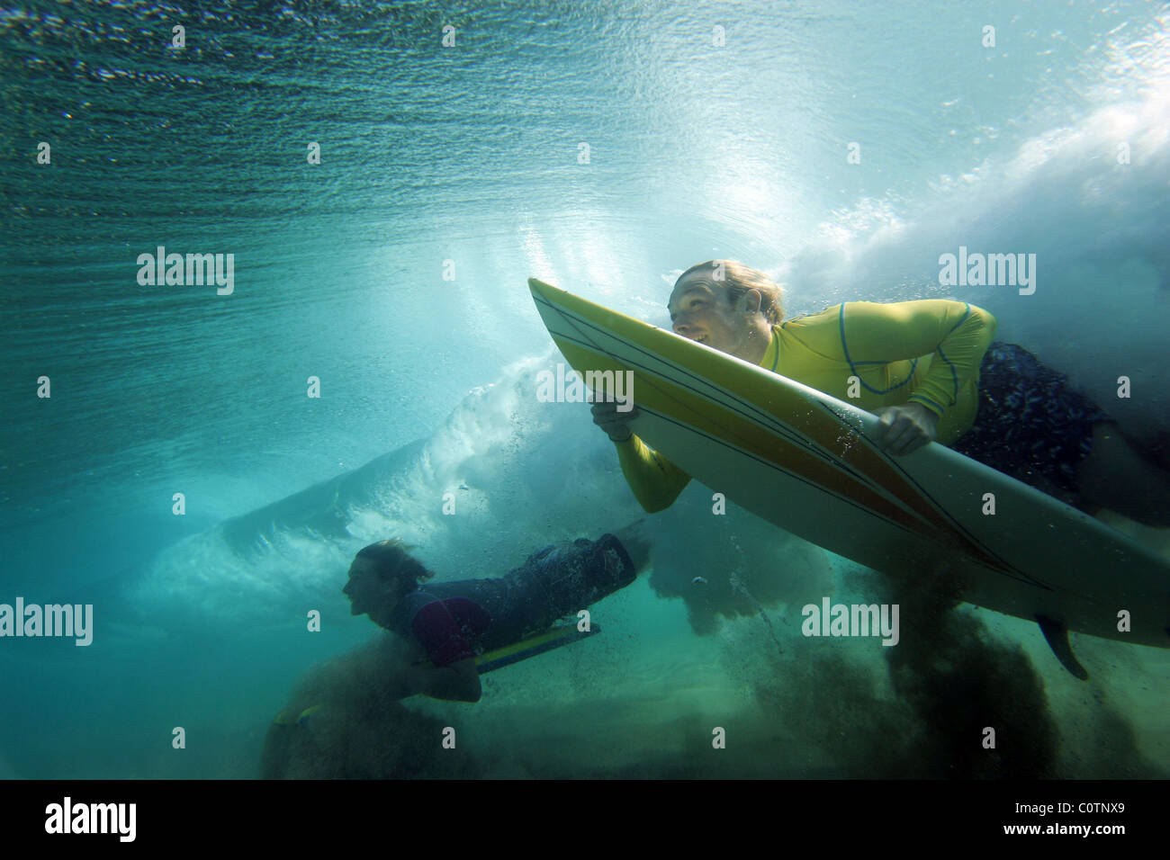 Fuerteventura (Spanien; Kanarische Inseln): Bodyboarden Stockfoto