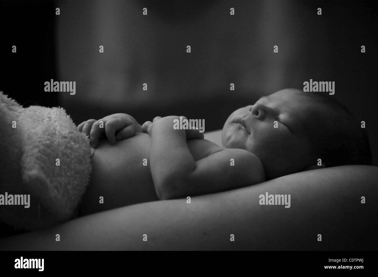 niedliche neugeborenes Baby eingeschlafen Hand in Hand ein Tag alt Stockfoto