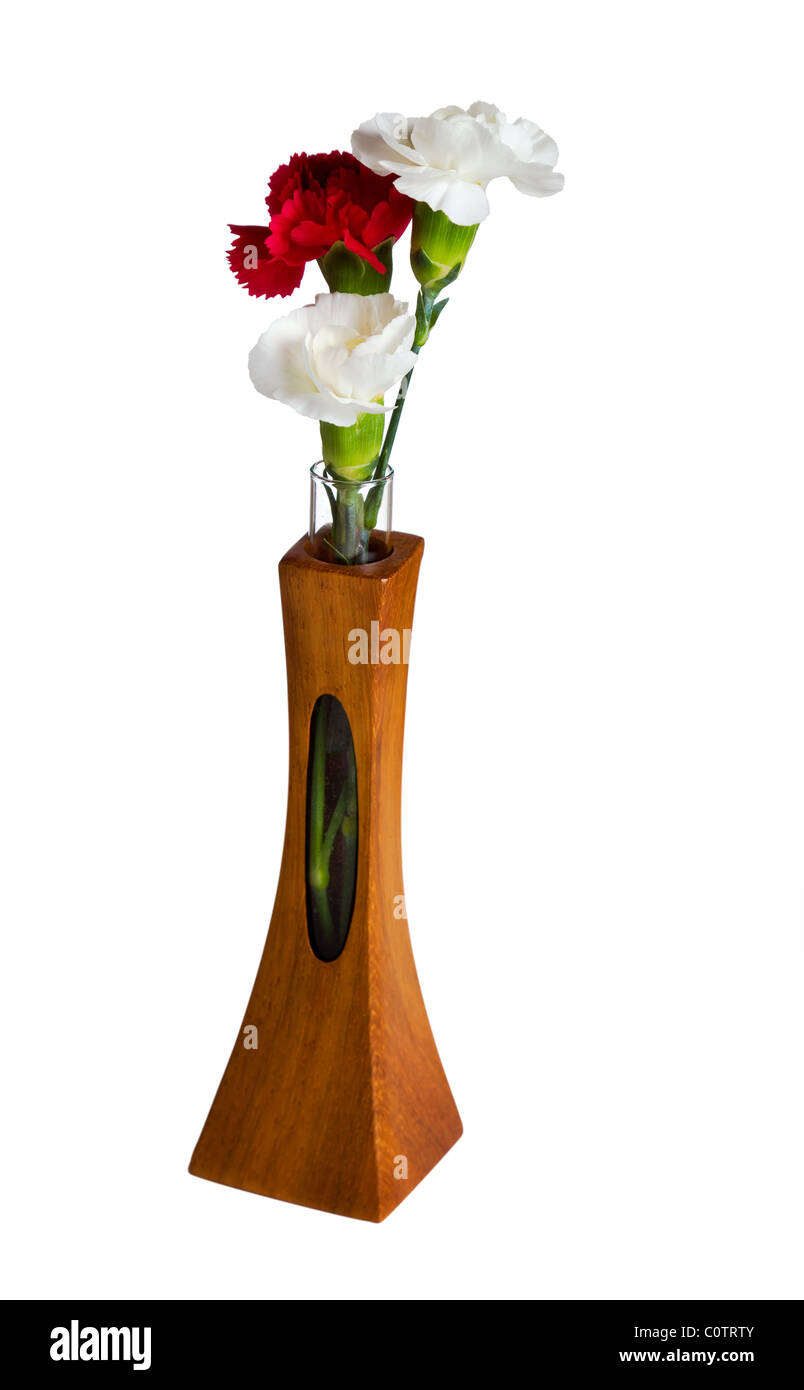 Einzelne rote und zwei weiße Gischt Carnation Blüten in einer geschnitzten Teak Vase mit einzigartigen Eröffnung zeigt des Stamms Stockfoto