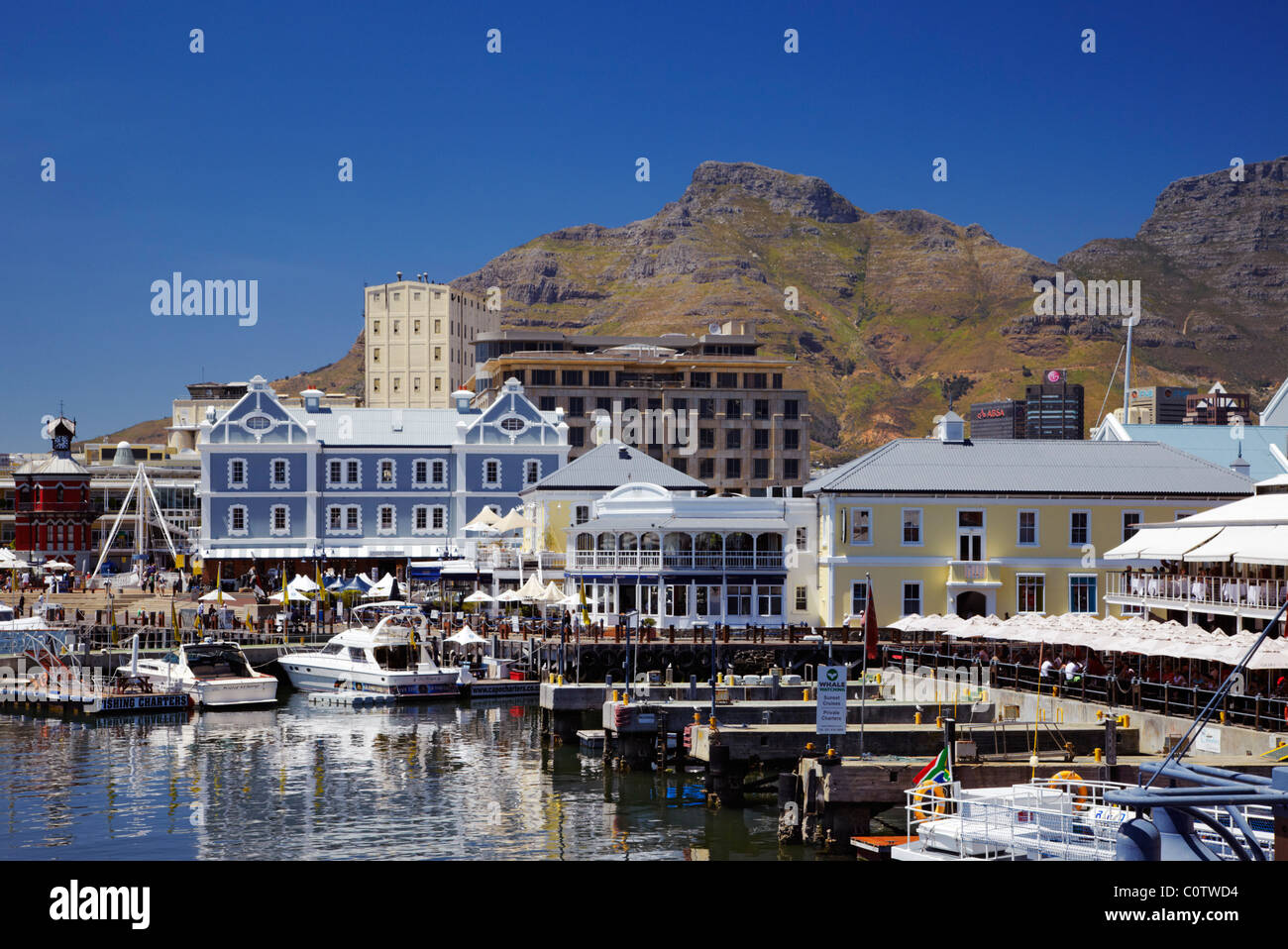 V & A Waterfront Restaurants mit Tafelberg über. Kapstadt, Western Cape, Südafrika. Stockfoto