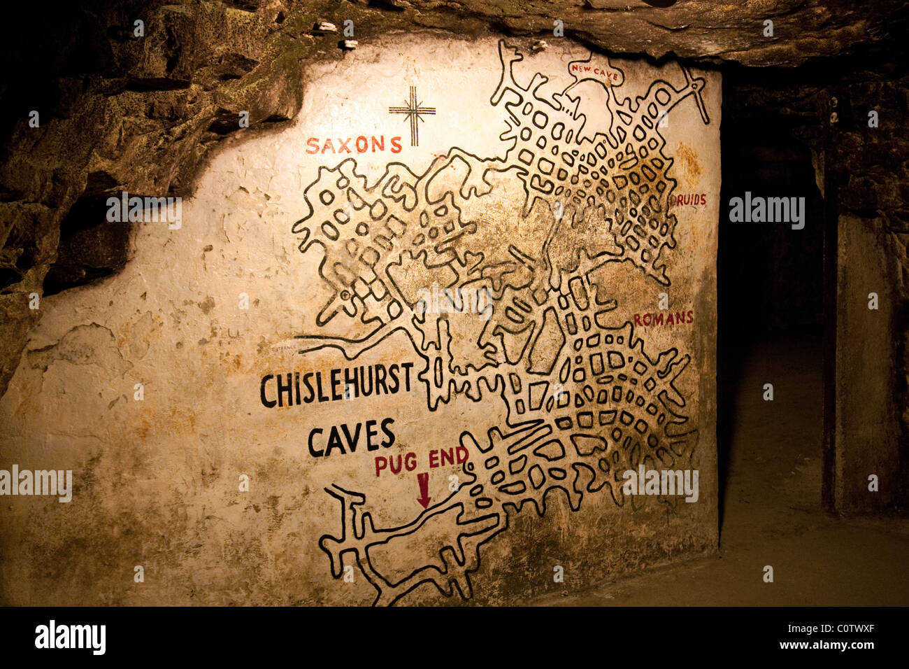 Die Karte von den Höhlen am Eingang, Chislehurst Caves, Chislehurst, Kent, Großbritannien Stockfoto