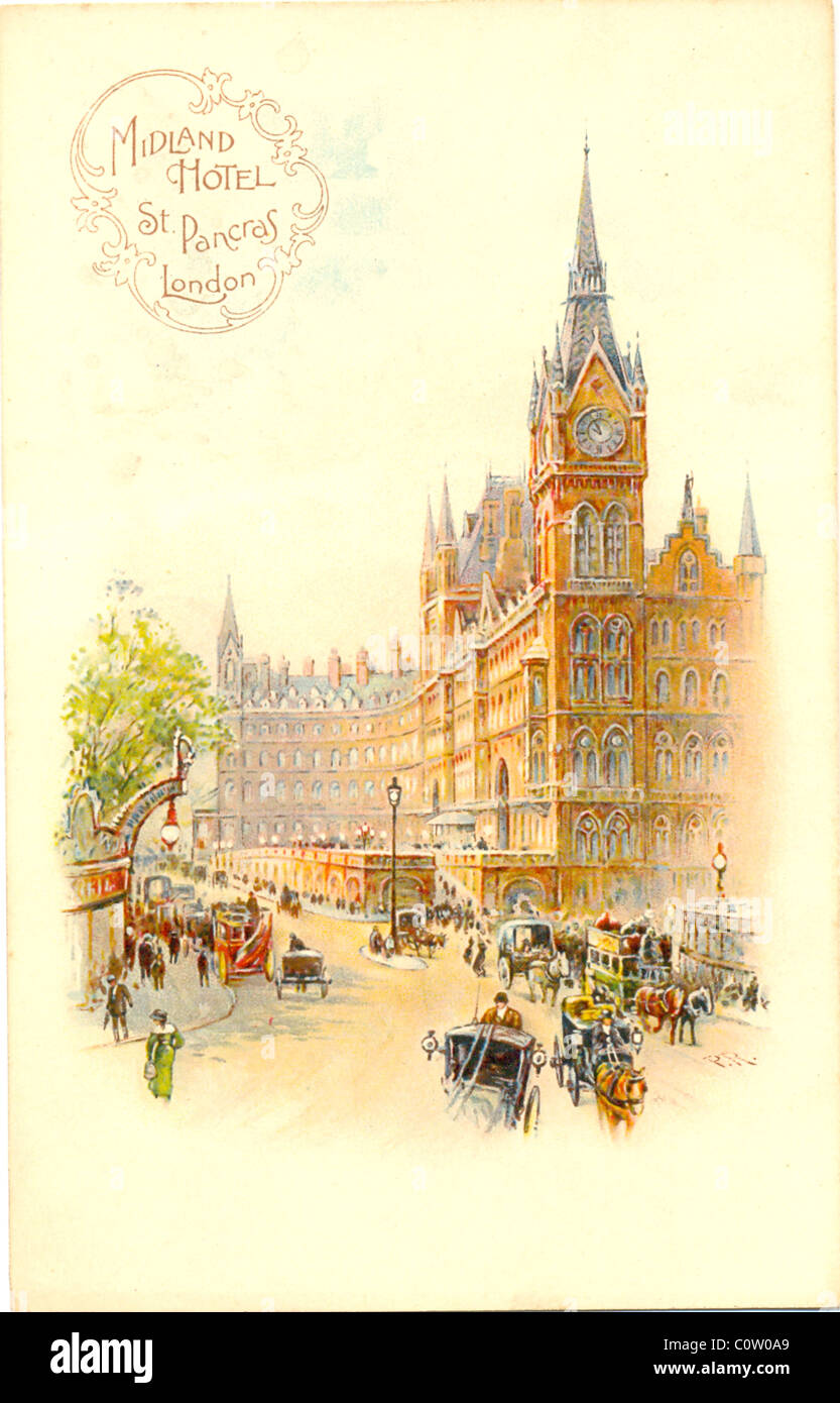 Postkarte von Midland Hotel, St Pancras, London. Stockfoto
