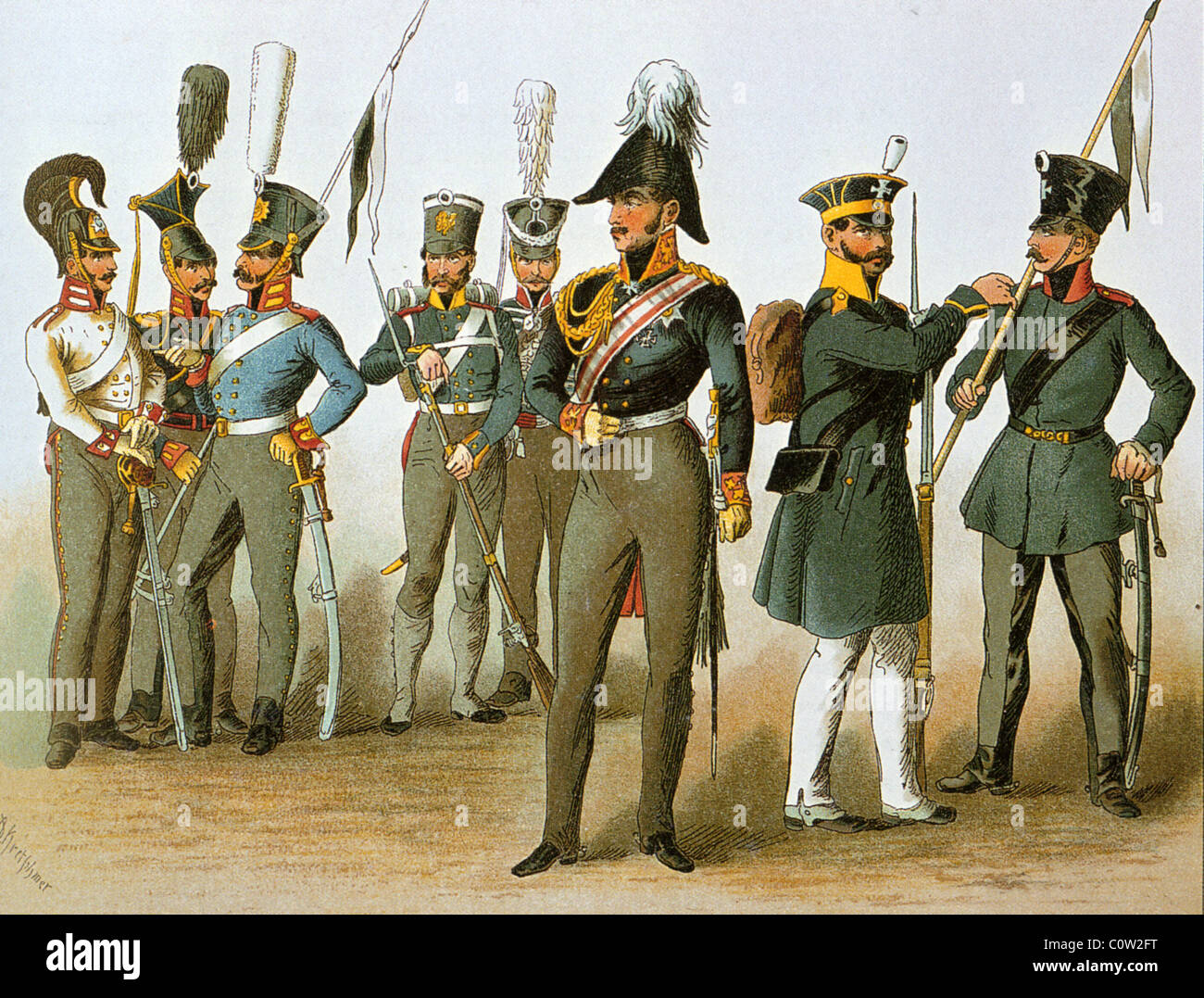 PREUßISCHE Soldaten der verschiedenen Ränge 1814 mit einem General Officer bei front Stockfoto