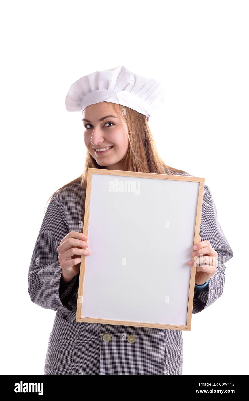 junge Köchin mit Ad Bord. Isoliert auf weiss Stockfoto