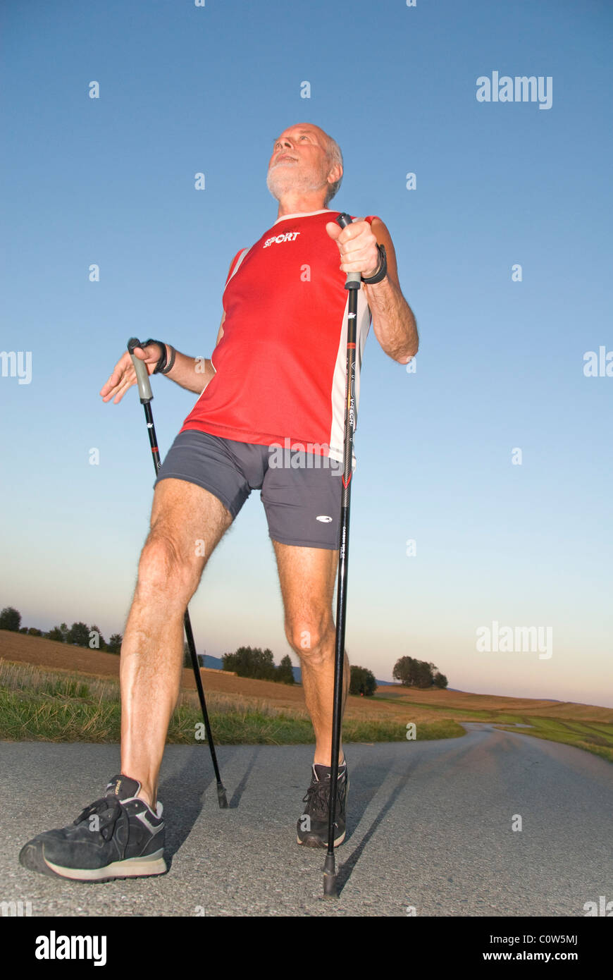 Senior woman, Nordic-walking, Waldviertler Region, Niederösterreich, Österreich, Europa Stockfoto