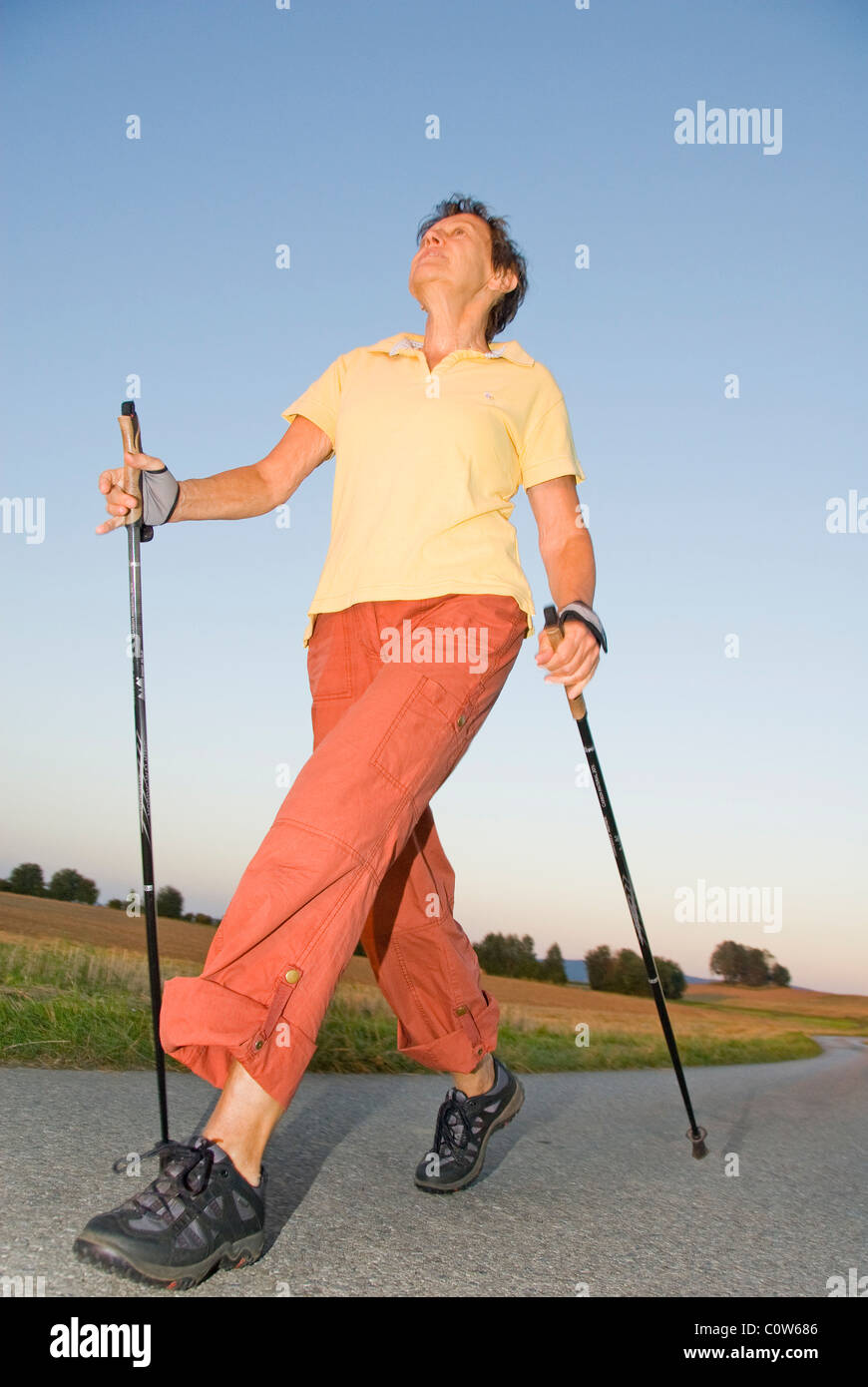 Ältere Frau, Nordic-walking, Waldviertler Region, Niederösterreich, Österreich, Europa Stockfoto