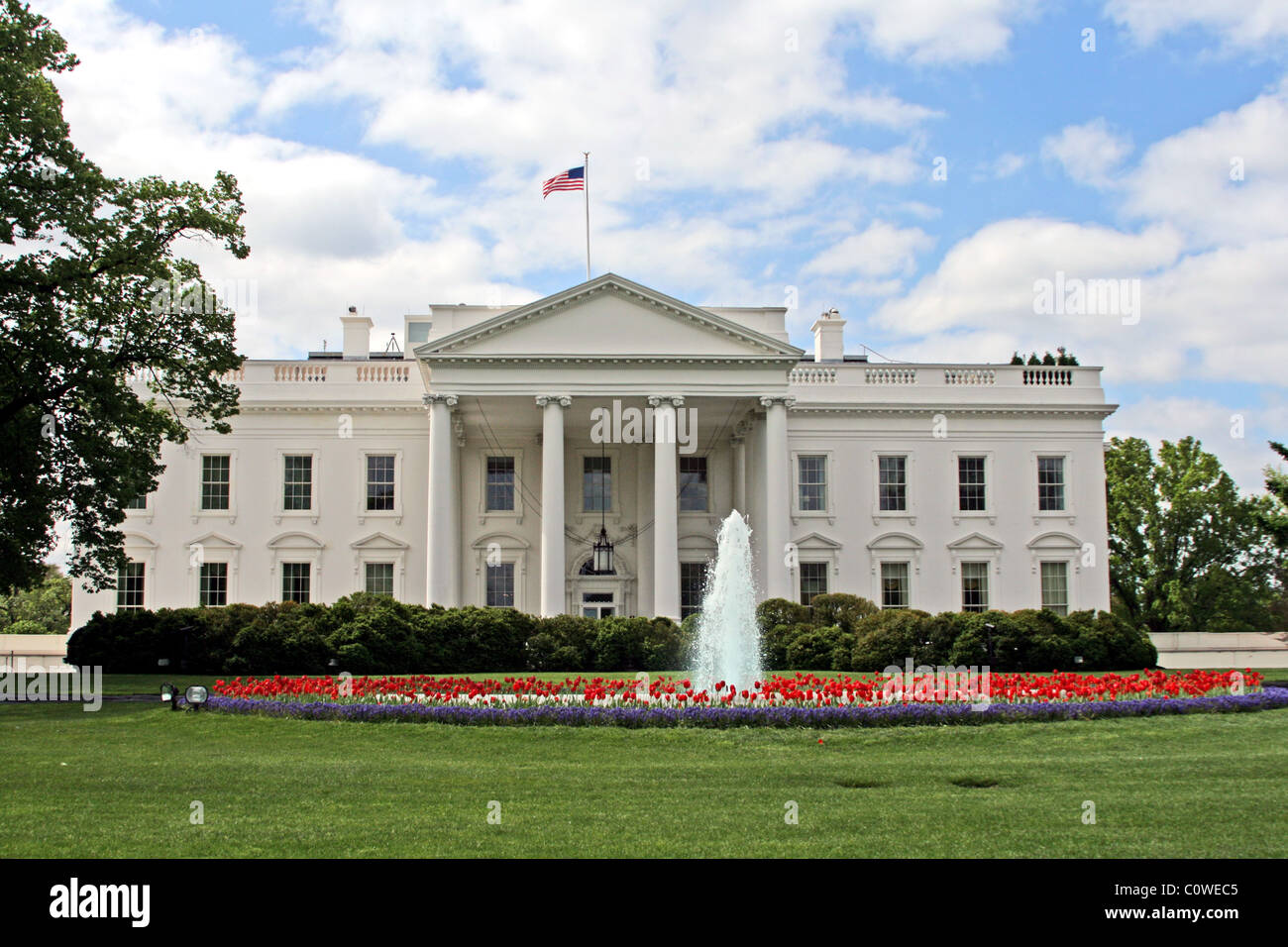 Das weiße Haus in Washington, D.C. im Frühjahr mit Brunnen und roten Tulpen. Stockfoto