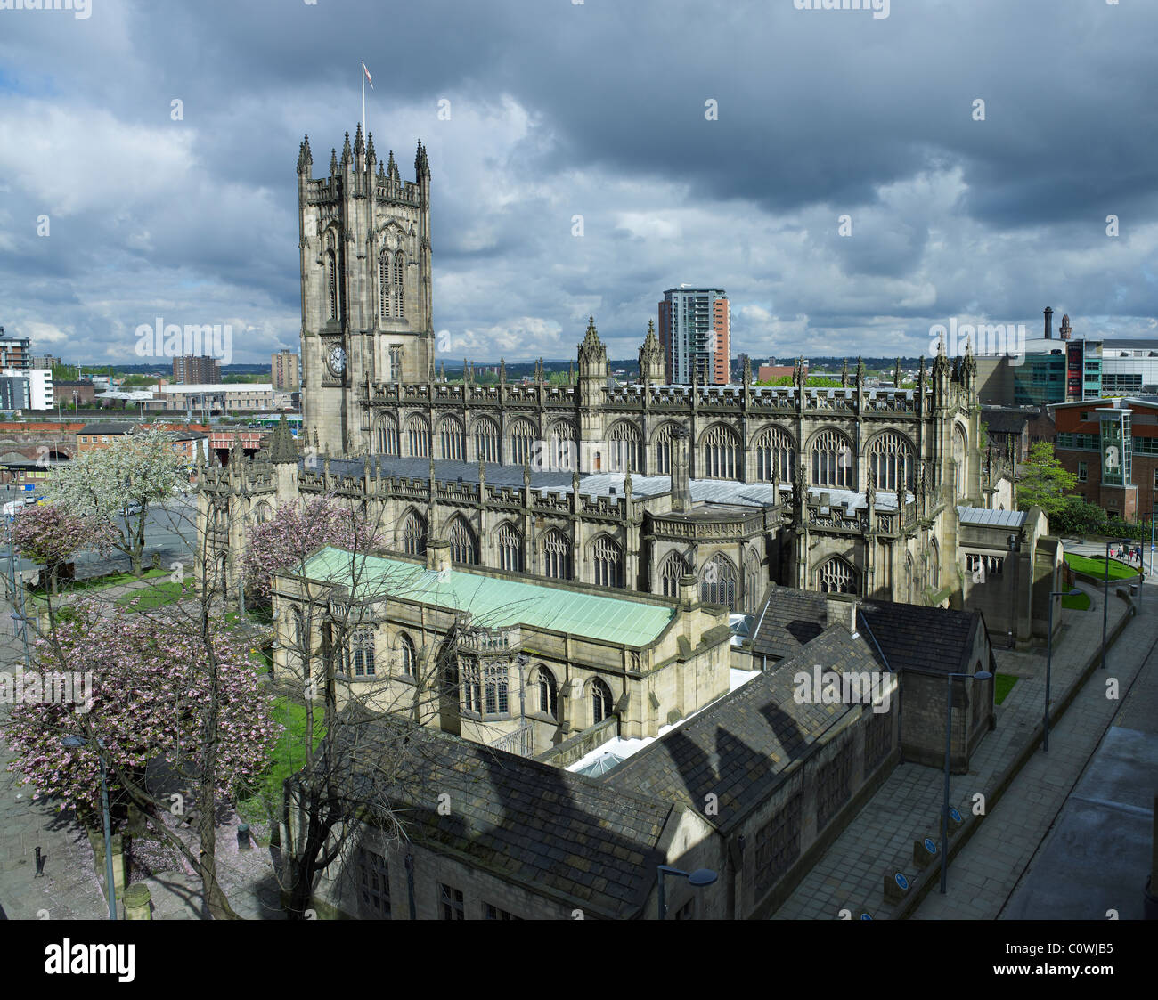 Grobe Sicht auf Manchester Cathedral Stockfoto