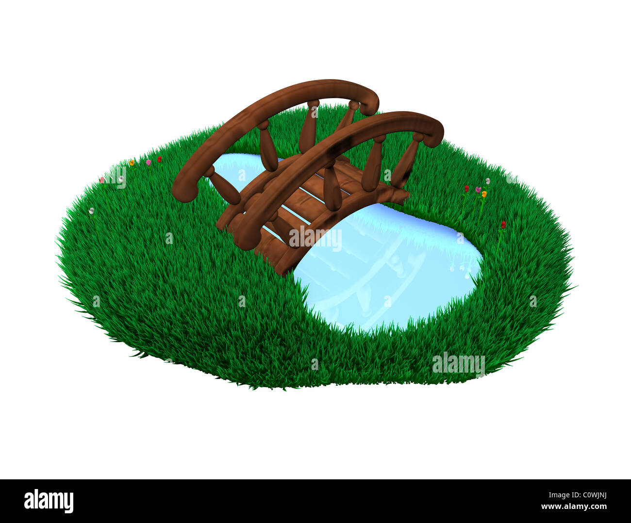 3D Illustration, Konzept Bild kleiner Teich und Brücke. Isoliert auf weißem Hintergrund. Stockfoto