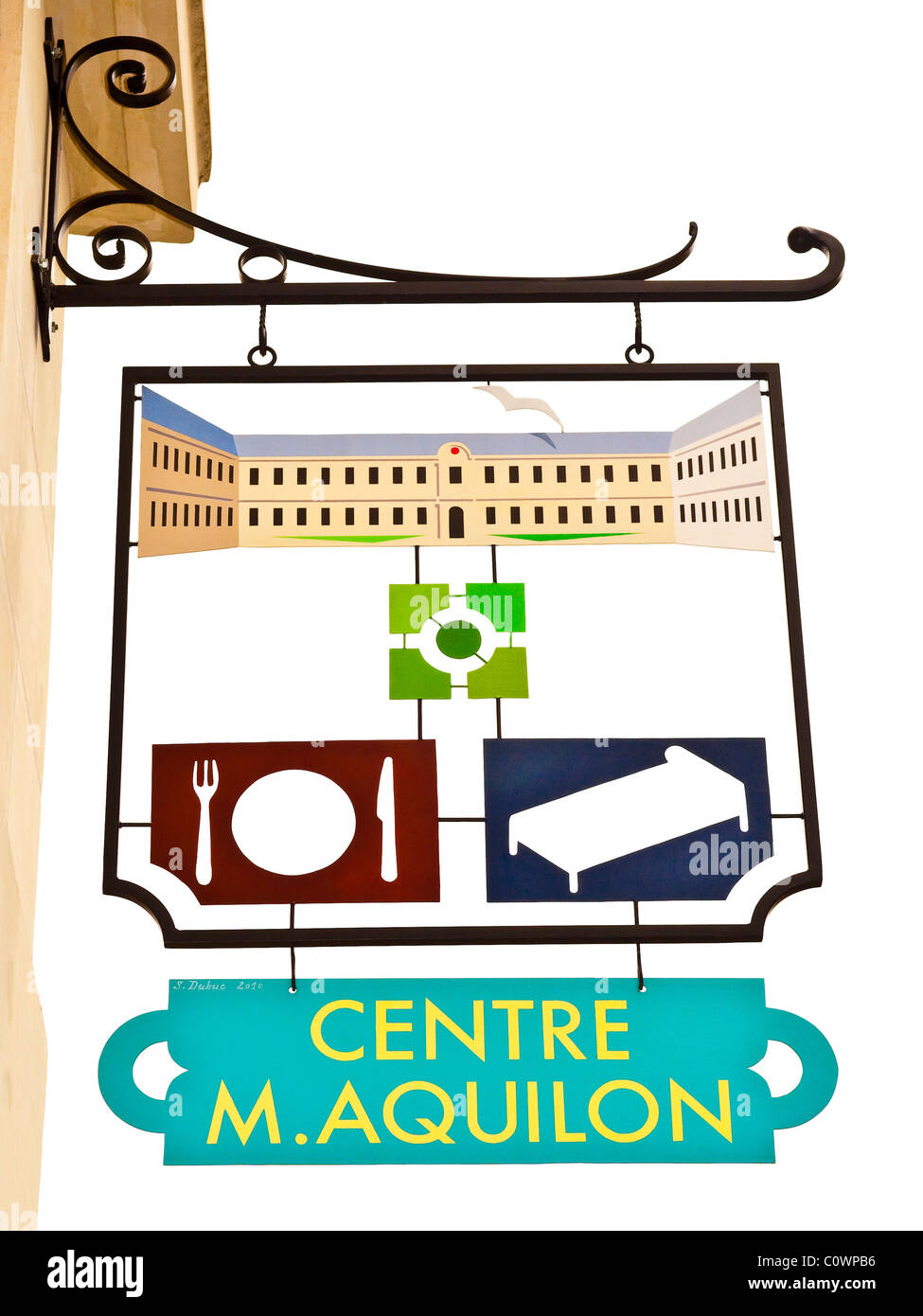 Handgemachte hängen "Zentrum / M.Aquilon' Hotelschild - Frankreich. Stockfoto