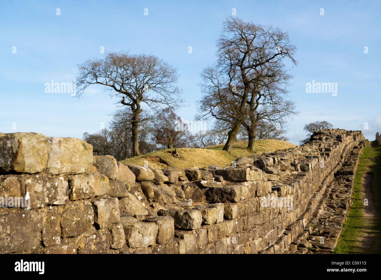 Entlang eines Teils der Hadrianswall mit dem Hadrianswall nationalen Pfad entlang anzeigen Stockfoto